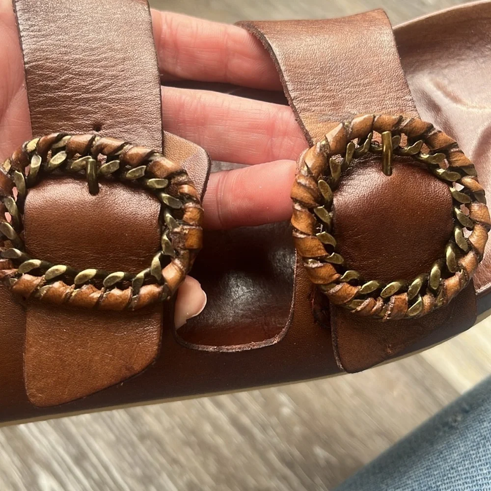Antenora brown Leather Sandals size 39 or 9 slides handmade Italy buckles NEW